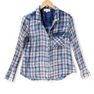 Cloth & Stone Anthropologie Gauze Plaid Button Down Shirt Blue Distressed size S